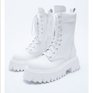 New Zara White LUG SOLE LACE-UP LEATHER ANKLE BOOTS size US 6.5